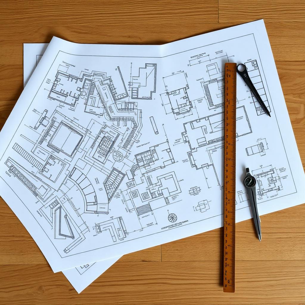 Architectural blueprints on a desk with drafting tools