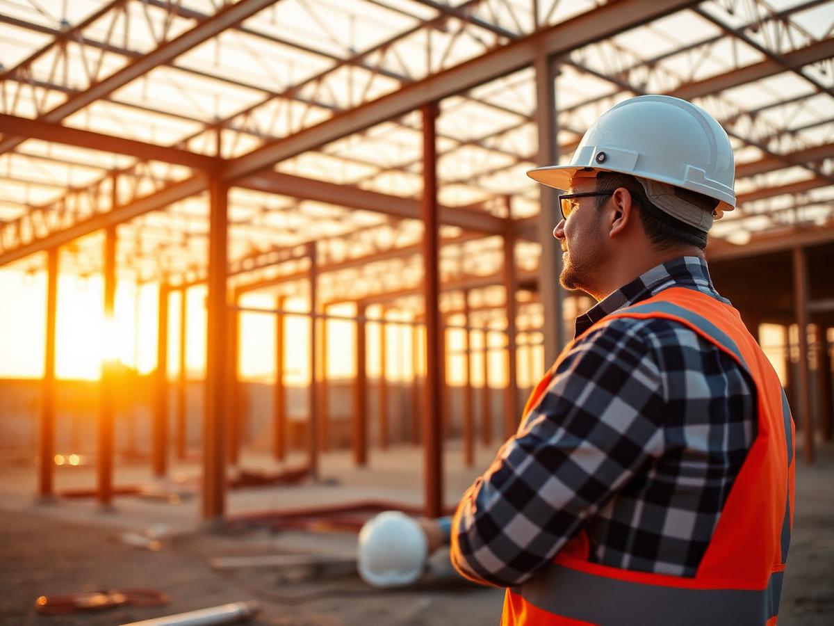 Engineer reviewing structural drawings on a job site